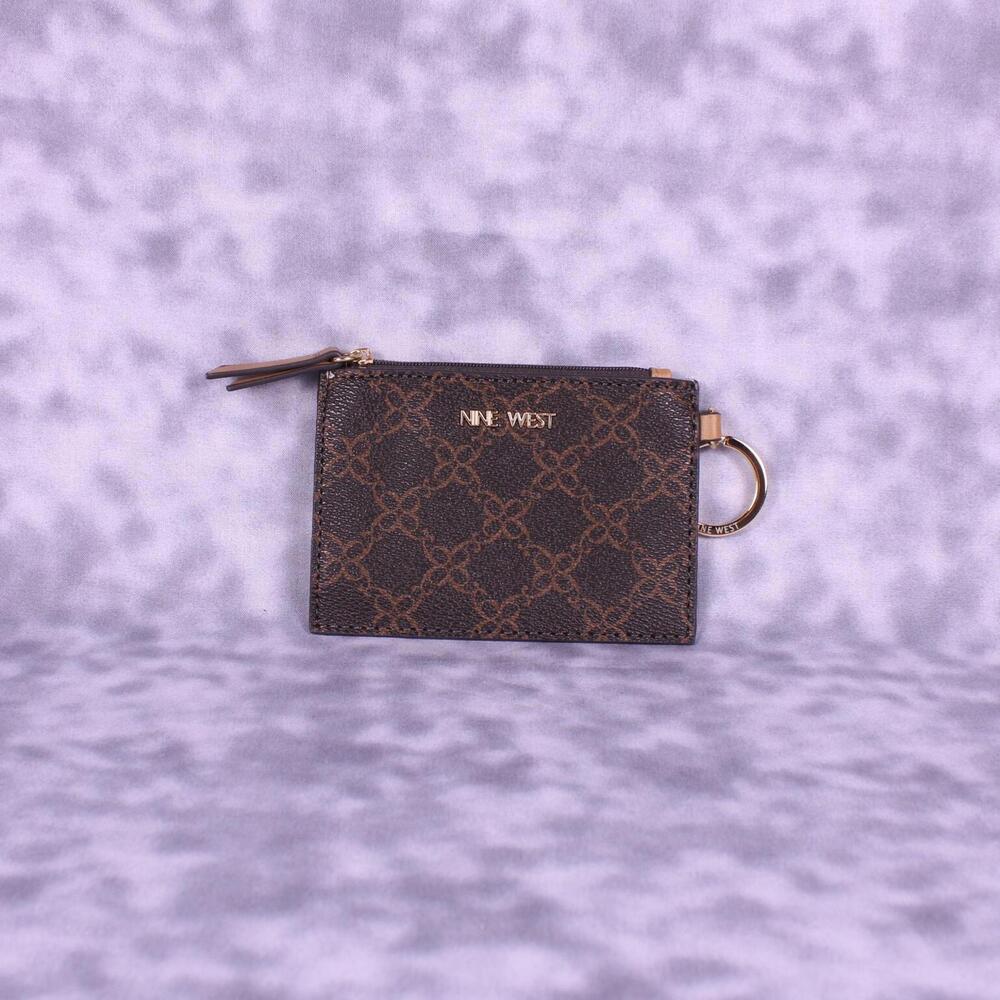 Nine West Card Case Brown Monogram Zip Around Coin Purse Key Ring